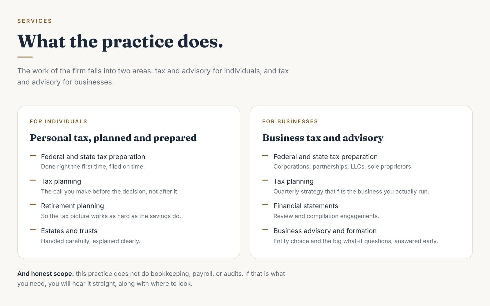 The Faria Accountancy Corporation services section, with serif headings: What the practice does, two columns of services for individuals and for businesses, and the honest scope line beneath