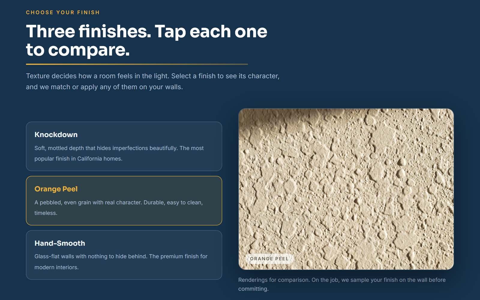 The Nine Star Drywall texture room with Orange Peel selected: three finish buttons, Knockdown, Orange Peel and Hand-Smooth, beside a large close-up of the orange peel wall texture
