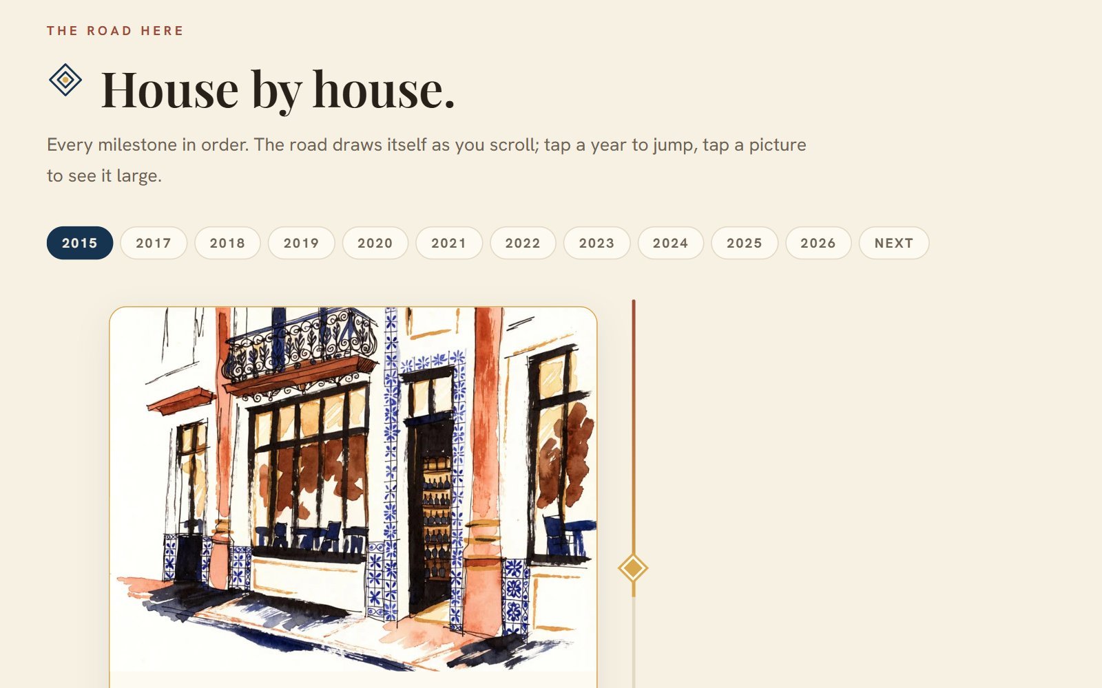 The Petiscos by Adega story page timeline, House by house: a strip of year buttons from 2015 to 2026 with 2015 selected, and a watercolor of the Adega storefront, the first milestone, beside the timeline's line