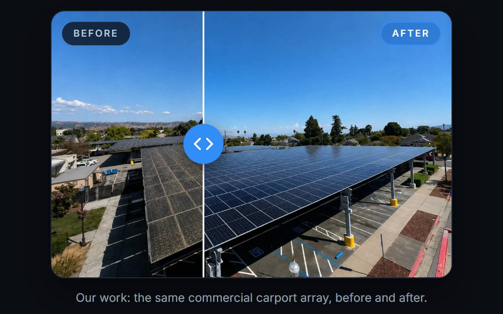 The South County Window Cleaning before-and-after slider mid-drag: the same commercial carport solar array, dusty panels on the before side and clean blue panels on the after side