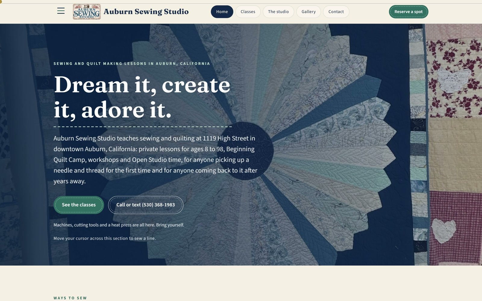 Auburn Sewing Studio's home page: &ldquo;Dream it, create it, adore it.&rdquo; over a Dresden plate quilt