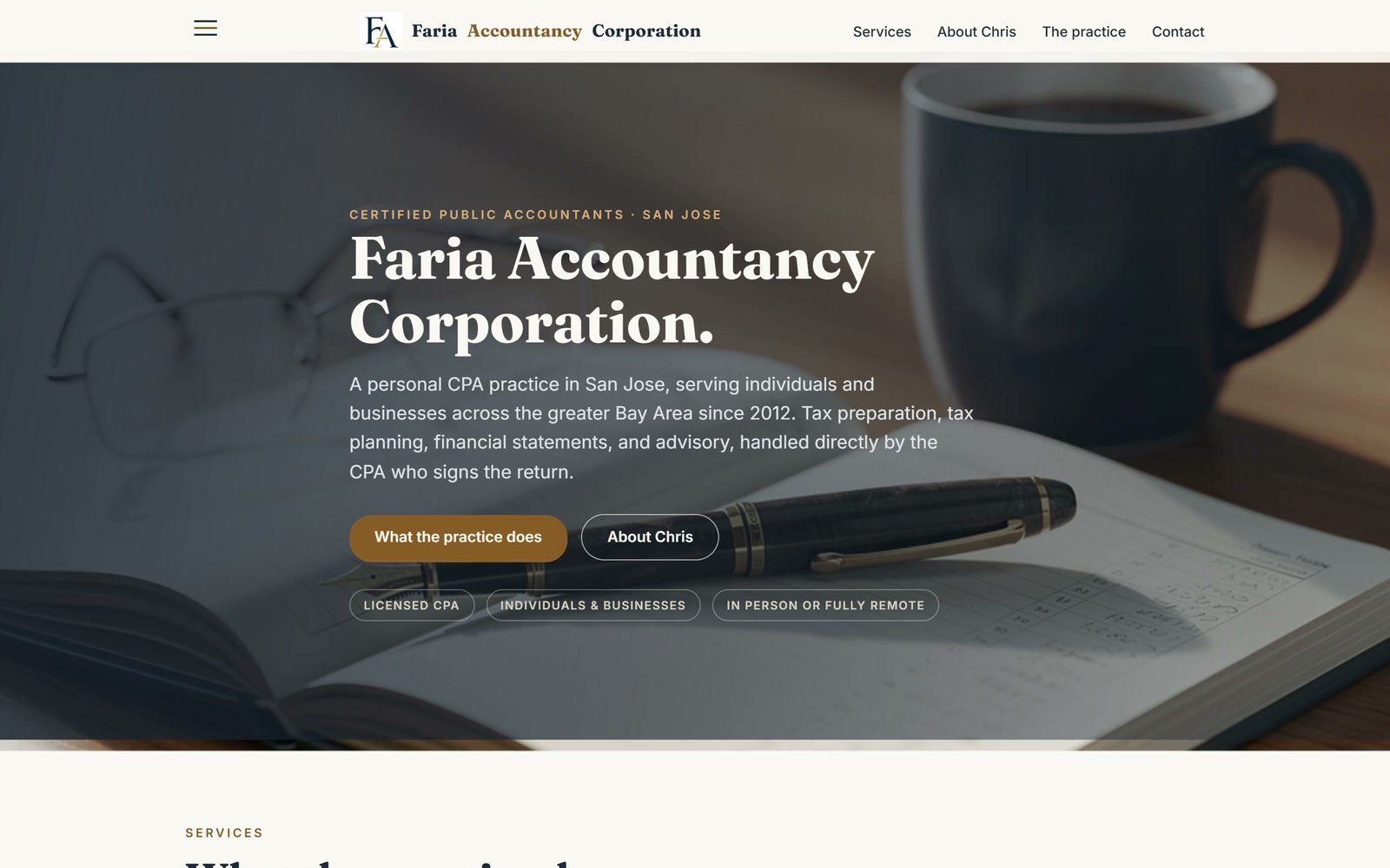 Faria Accountancy Corporation's home page: the firm's name in serif type over a desk with a fountain pen and reading glasses