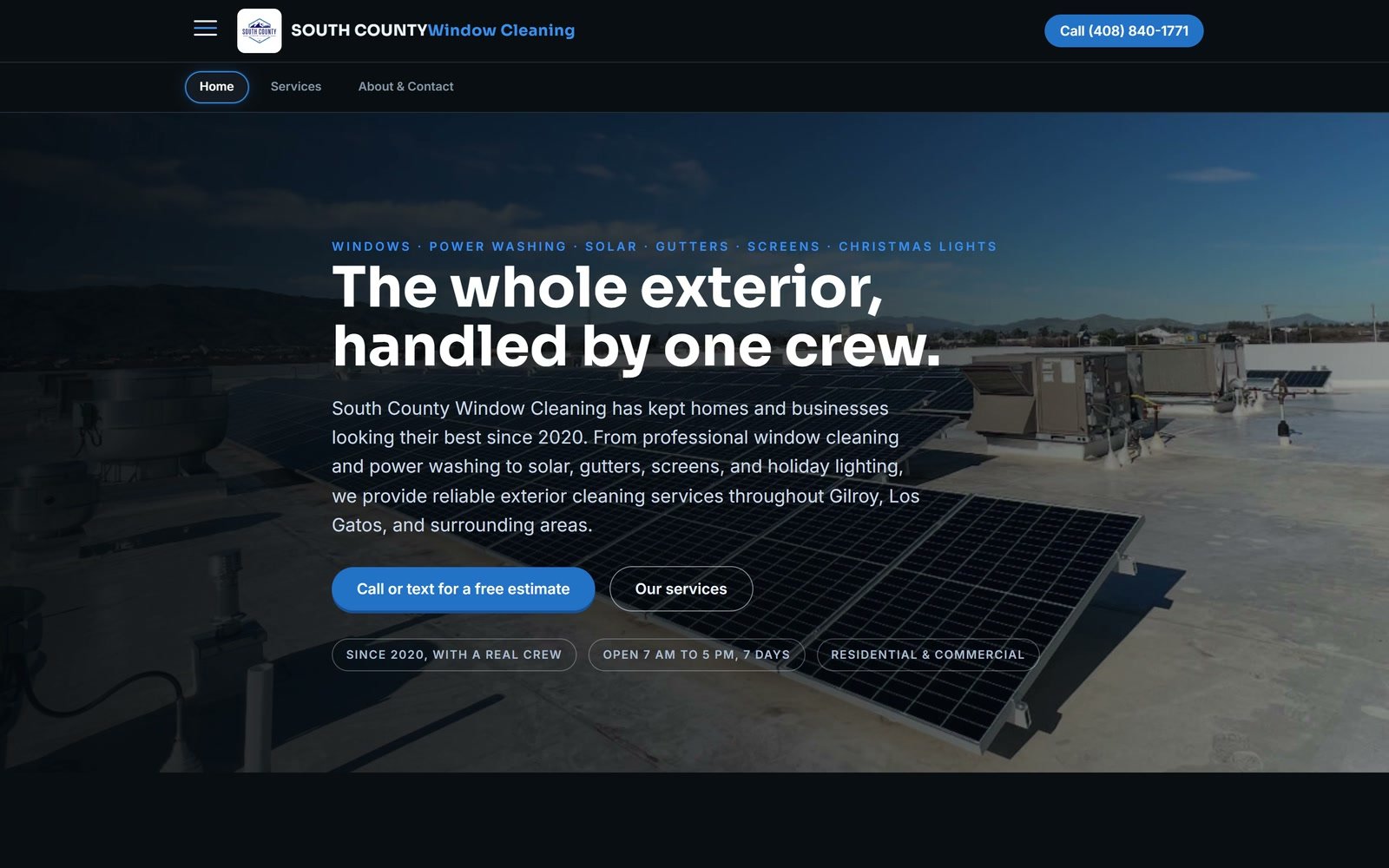 South County Window Cleaning's home page: &ldquo;The whole exterior, handled by one crew.&rdquo; over a rooftop solar array
