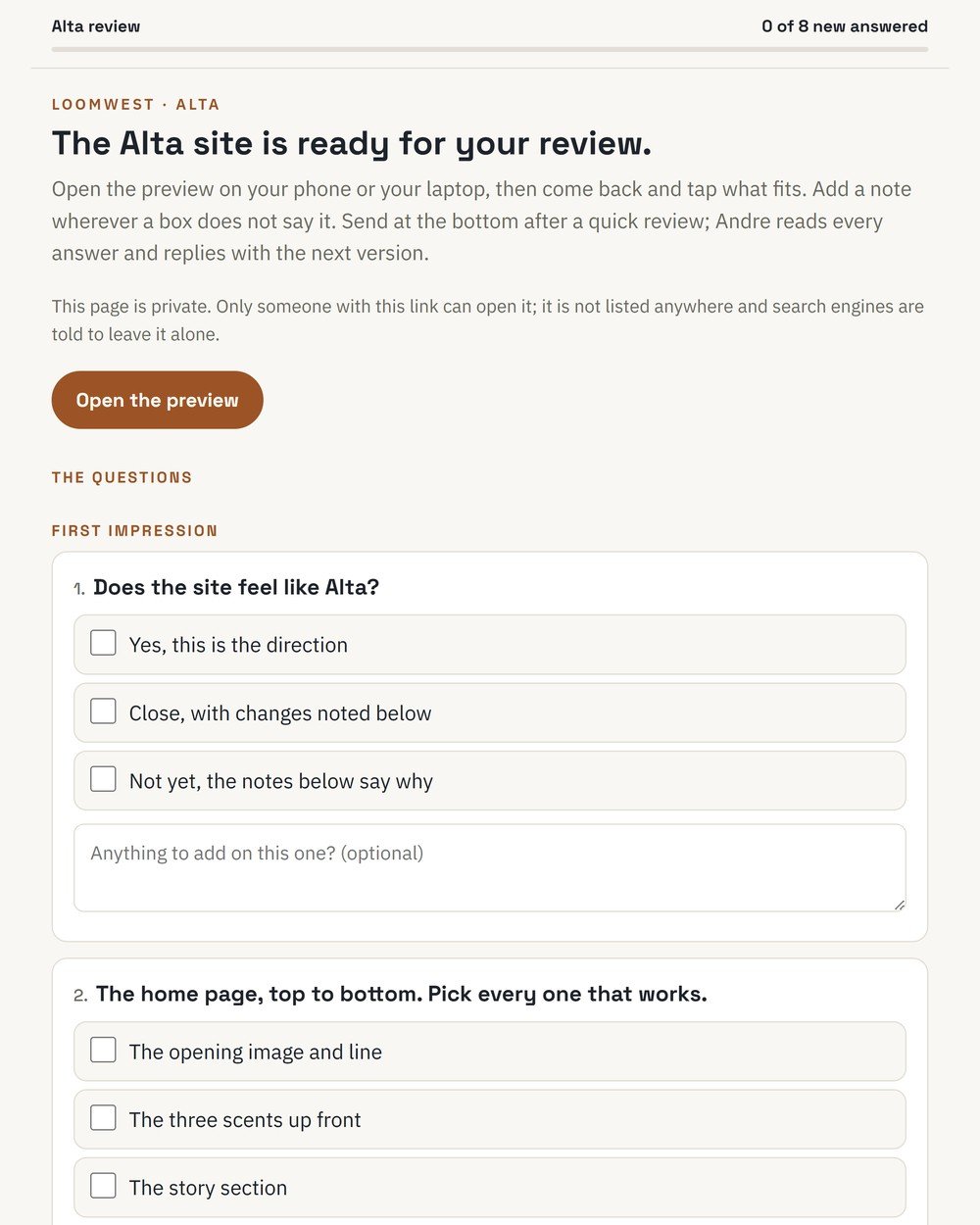 The private review form a client receives with a preview: a short list of questions with boxes to tick and a note field, shown for the Alta site