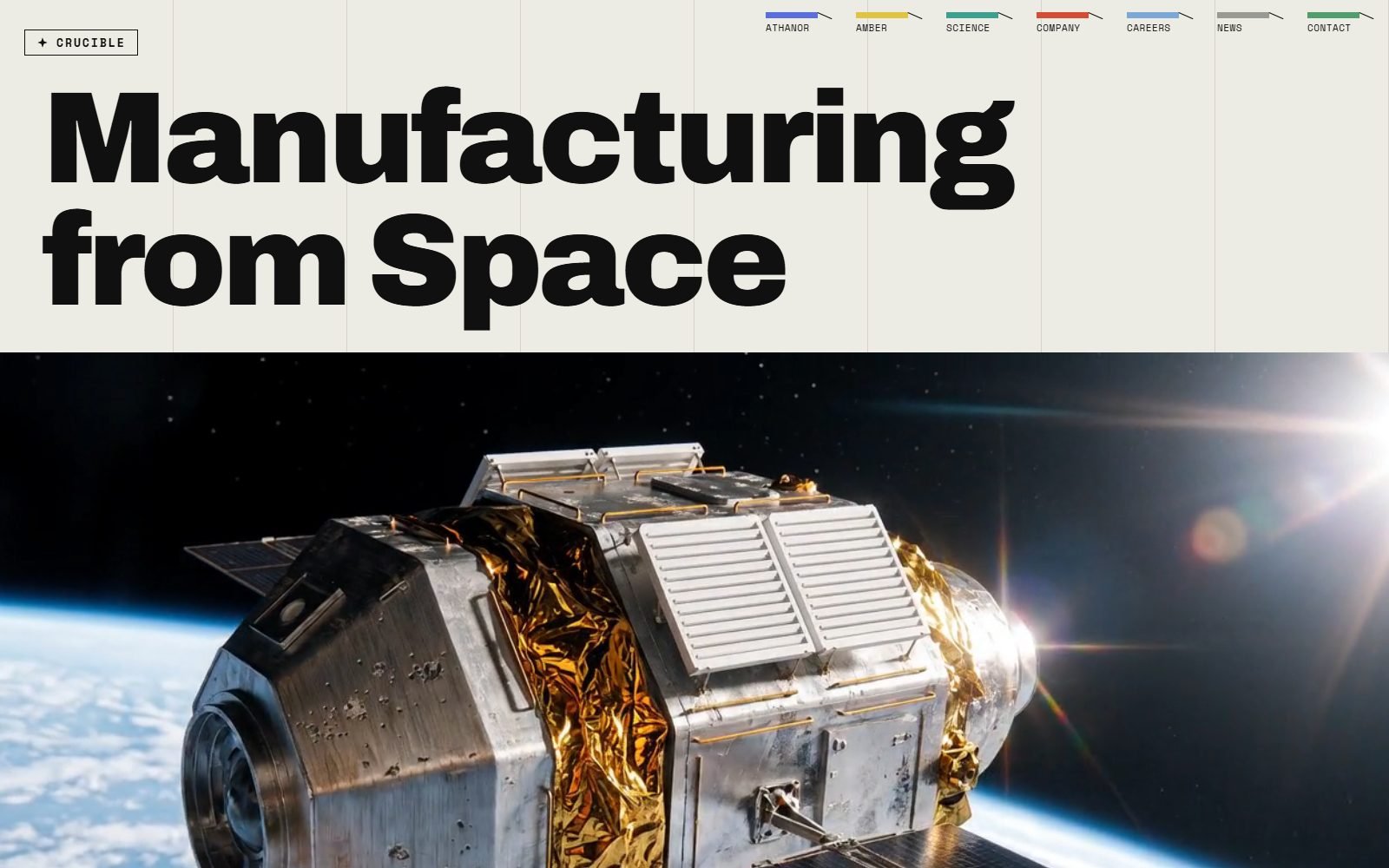 Crucible demo, a fictional company manufacturing in space, in the launch-film style