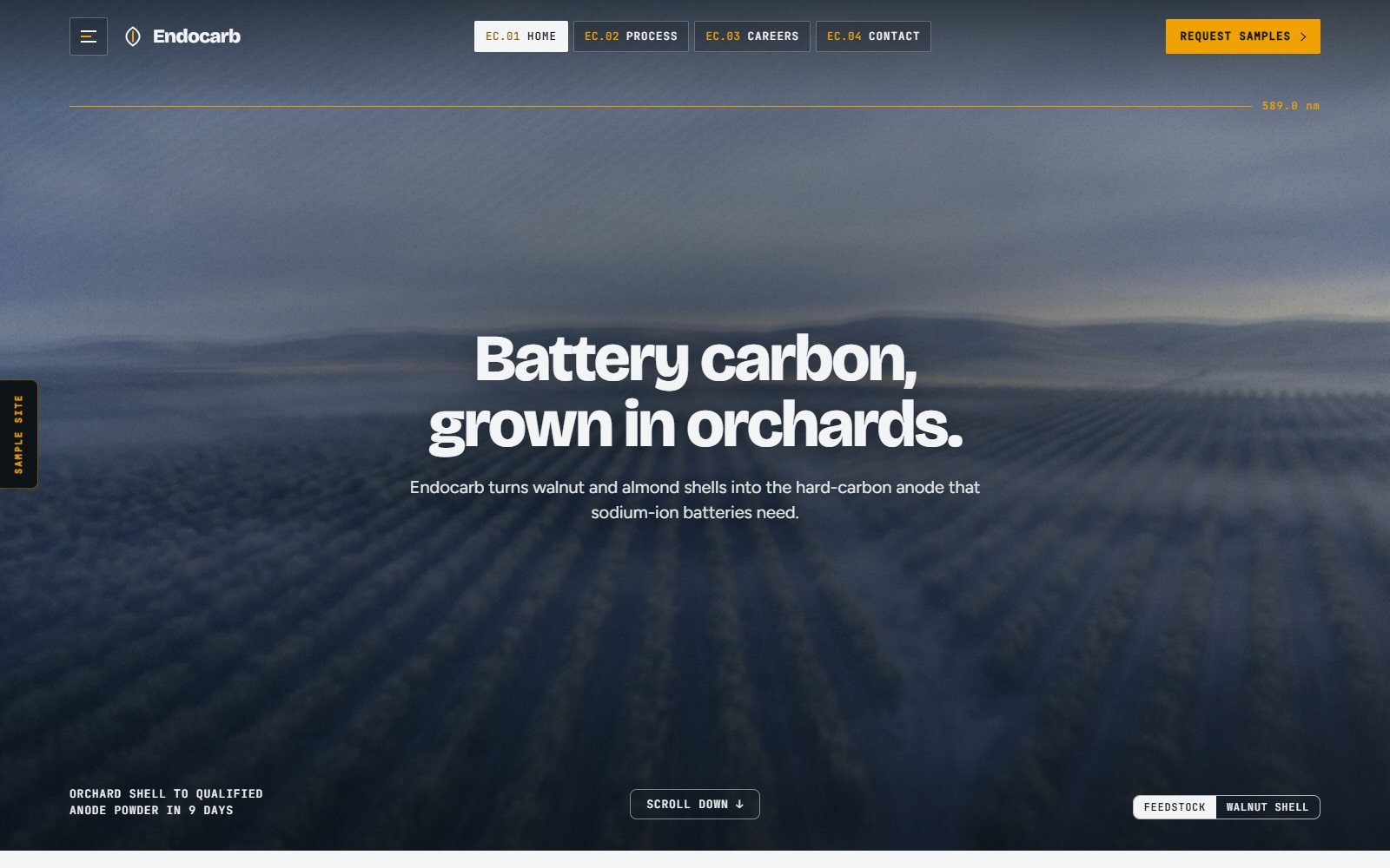 Endocarb Materials, a fictional battery-materials company demo: an orchard in morning haze under the headline Battery carbon, grown in orchards