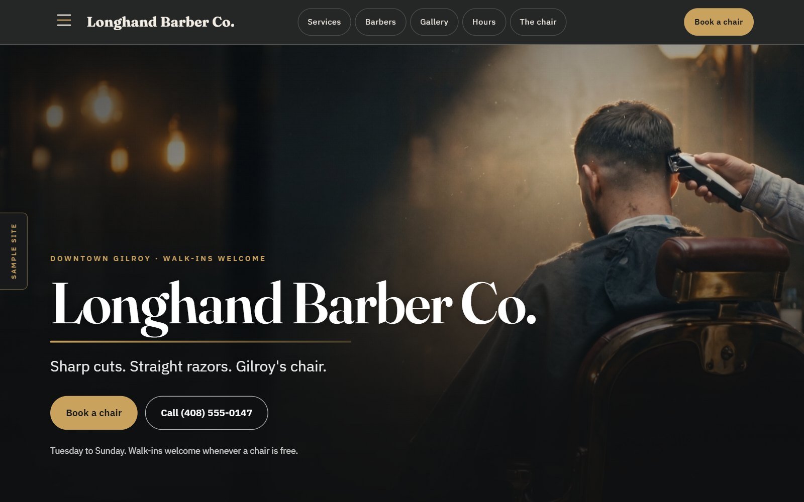 Longhand Barber Co., a fictional barbershop demo with a film hero of a fade in progress