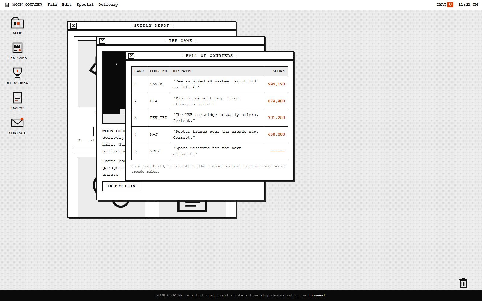 Moon Courier merch shop demo styled as a retro computer desktop