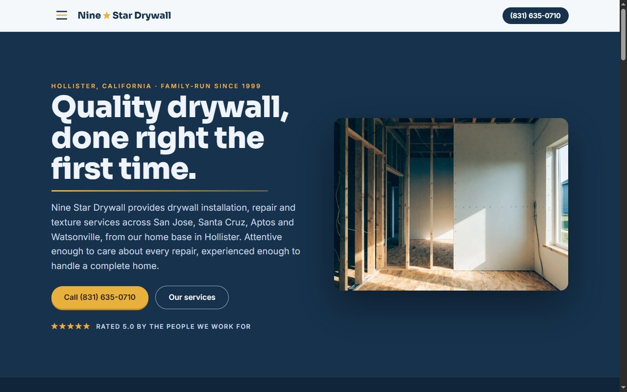 The Nine Star Drywall website, designed and launched by Loomwest