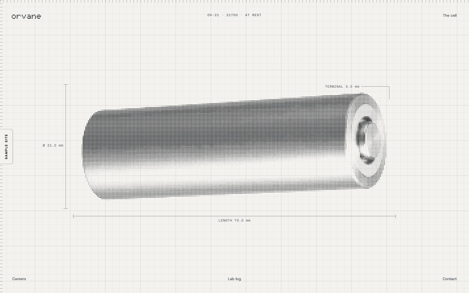 Orvane, a fictional battery-cell company demo: a cylindrical cell drawn in ink dots on graph paper, with measurement lines around it