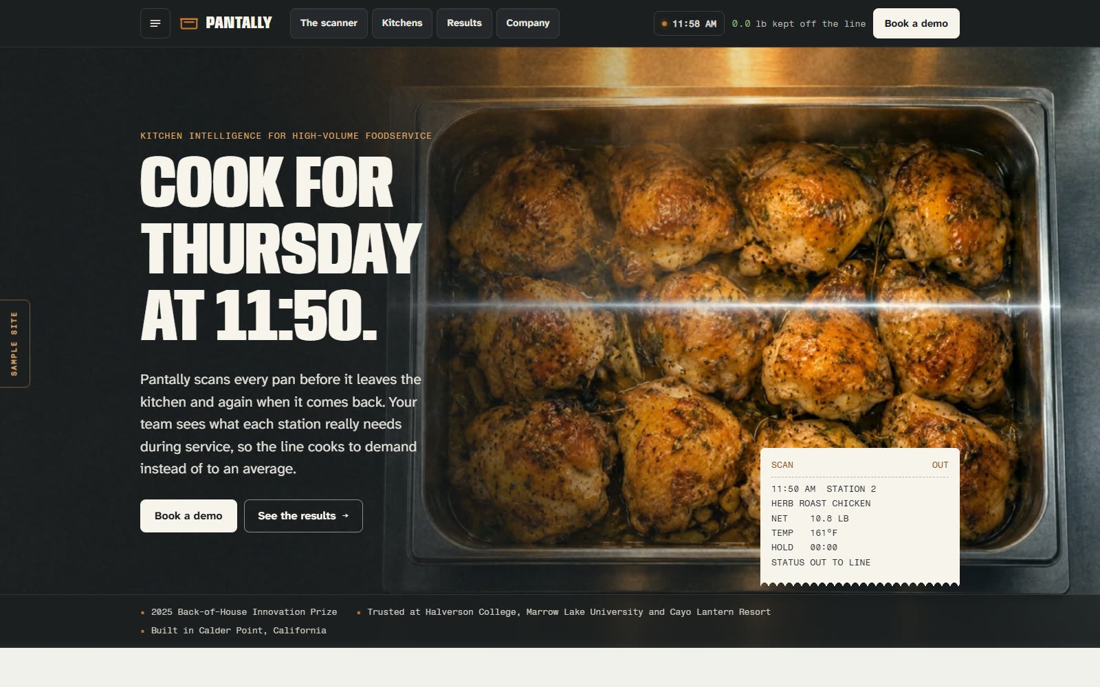 Pantally, a fictional kitchen technology company demo: a hotel pan of roast chicken under a scanning light, beside the headline Cook for Thursday at 11:50.