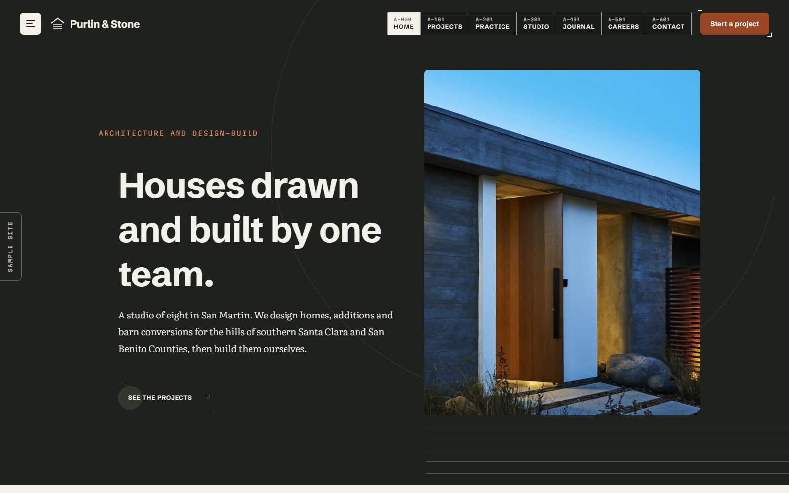 Purlin & Stone, a fictional architecture and design-build studio demo: a timber-clad entrance beside the headline Houses drawn and built by one team