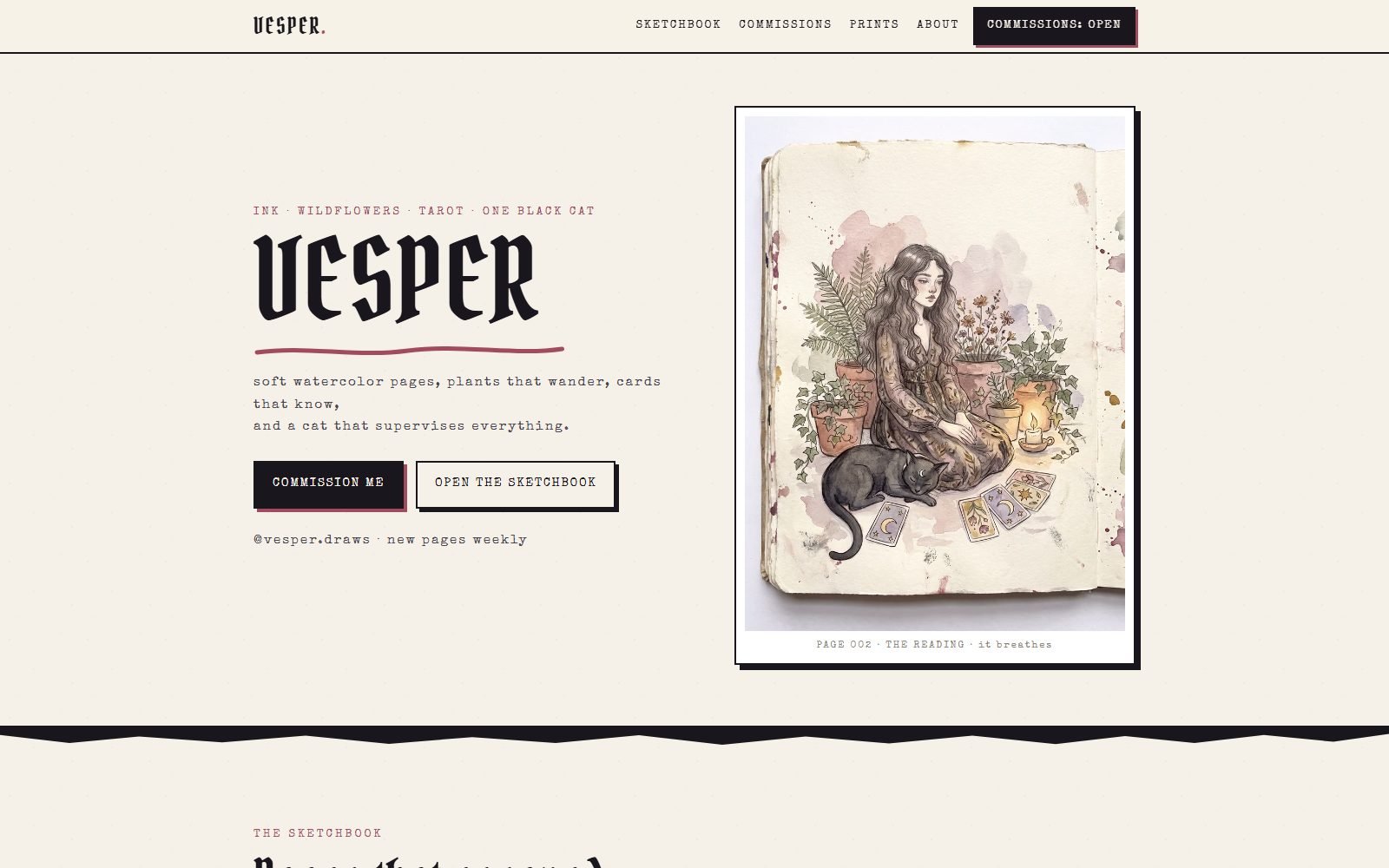Vesper, a demo sketchbook site for an artist: ink work, monsters and commissions