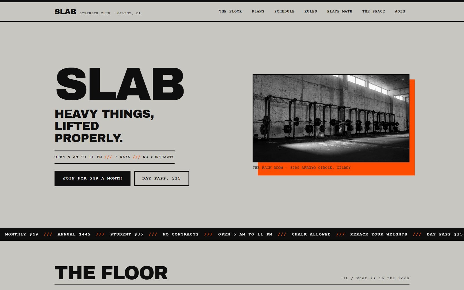 SLAB strength club demo in the brutalist style