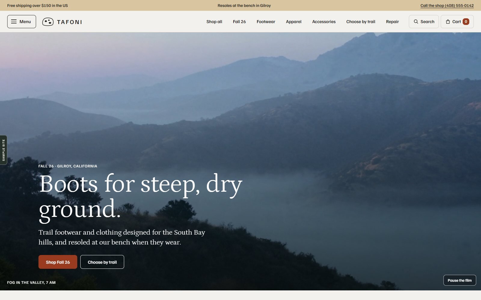 Tafoni, a fictional trail footwear and clothing store demo: fog over South Bay hills under the headline Boots for steep, dry ground