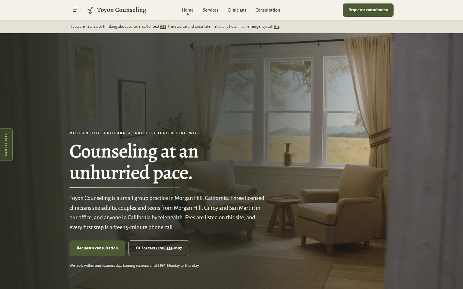 Toyon Counseling, a fictional counseling practice demo: a quiet sunlit room with an armchair under the headline Counseling at an unhurried pace