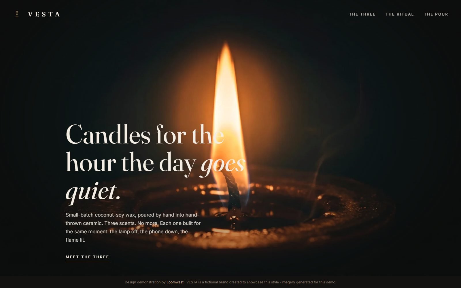 VESTA candle brand demo: a single flame in darkness with serif typography