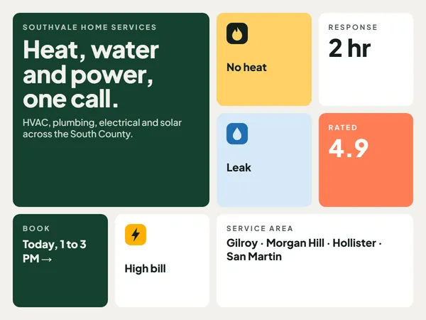 Specimen: a home services page laid out as tiles: the headline, No heat, Leak and High bill, response time, rating and booking.