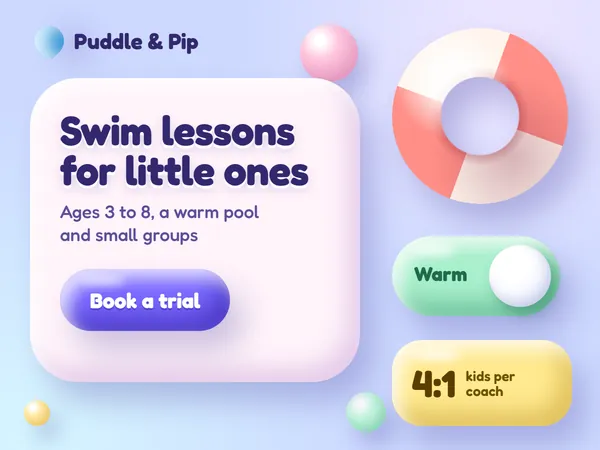 Specimen: a swim school page in puffy pastel clay: an inflated card and Book a trial button, a striped swim ring, a soft toggle and a stat bubble.