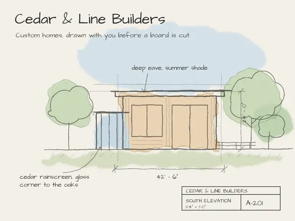 Specimen: a builder's page with a pencil elevation of a cedar house among scribbled trees, watercolor washes, dimension lines, handwritten notes and a title block.