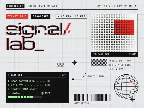 Specimen: a repair shop page with a wide technical wordmark cut by a glitch, red tags, a halftone picture, a wireframe globe, a barcode and a terminal readout on grid paper.