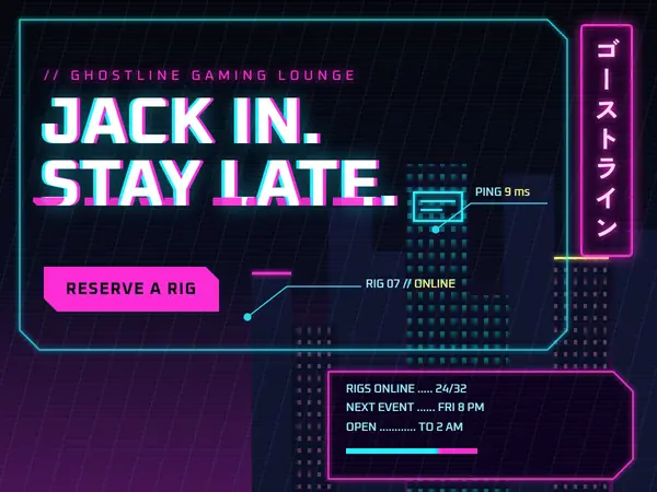 Specimen: a gaming lounge page over a neon city at night, with a glitched cyan and magenta headline, a clipped HUD frame with callouts and a vertical neon sign.