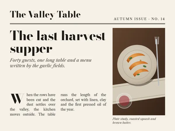 Specimen: a magazine-style page with a masthead, a large serif headline, two text columns with a drop cap and a photo.