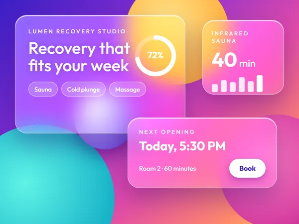 Specimen: a recovery studio page with three layered frosted glass panels, a progress ring and a booking card over vivid violet, pink, aqua and gold.