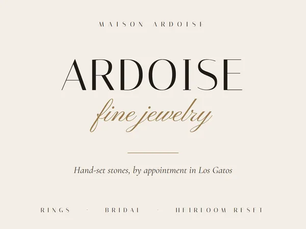 Specimen: a jewelry page with the name in a tall thin serif, fine jewelry in gold script and a short centered line.