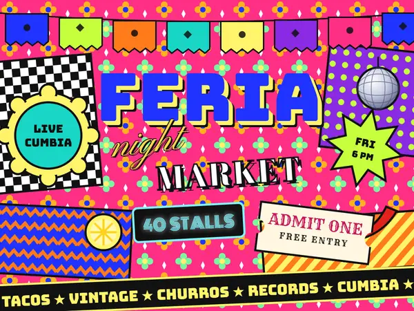 Specimen: a night market page packed with a cut-paper banner, pattern on pattern, a scalloped medallion, stickers, a ticket, a ticker and five typefaces.