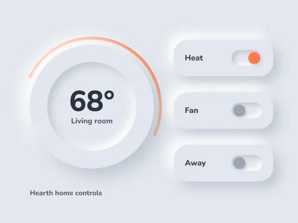 Specimen: a home controls page with a soft raised thermostat dial reading 68 degrees and three toggle rows.