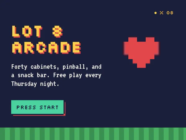 Specimen: an arcade page in pixel type with a blocky red heart, a Press Start button and a pixel grass strip.