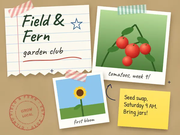 Specimen: a garden club page on kraft paper with a torn notebook sheet, taped instant photos of tomatoes and a sunflower, a sticky note and a red rubber stamp.