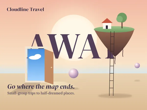 Specimen: a travel page where a floating island trails a ladder to the sand and a lone door opens onto daylight at dusk, in front of a huge word.