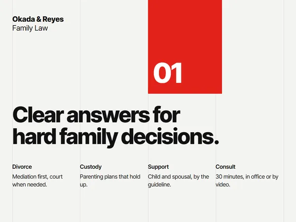 Specimen: a family law page on a visible column grid with a red block numbered 01 and four practice areas in columns.