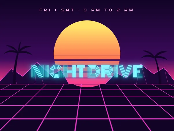 Specimen: a bar page with a striped neon sun, wireframe mountains and palm silhouettes over a pink perspective grid, and glowing Night Drive lettering.