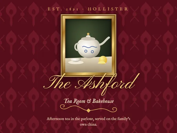 Specimen: a tea room page on deep red damask with a gilt-framed still life of a teapot, a flourished script title and filigree.
