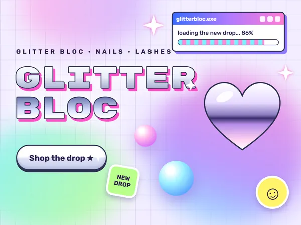 Specimen: a nail and lash shop page with chrome lettering, a chrome heart, glossy orbs, sparkles, stickers and a small early-2000s window on a grid.
