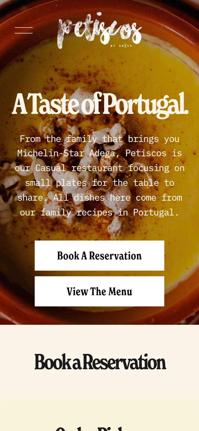 Before: the old Petiscos home page on a phone, a full-screen photo of a dish behind the words A Taste of Portugal, a paragraph about the family, and Book A Reservation and View The Menu buttons, with no address or phone number
