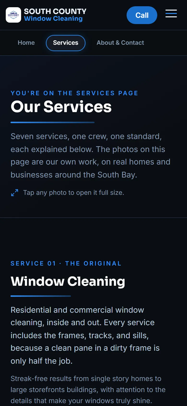 After: the new Services page on a phone, headed Our Services, Seven services, one crew, one standard, then Service 01, Window Cleaning, explained in the company&rsquo;s own words