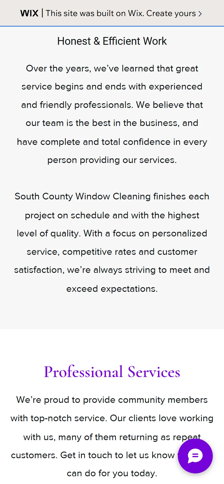 Before: the old Wix page further down on a phone, paragraphs headed Honest and Efficient Work and Professional Services, with no list of the services