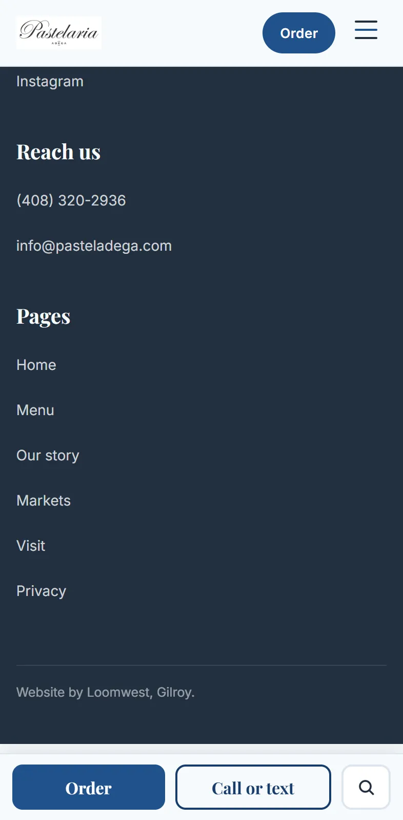 After: the end of the new home page on a phone: Instagram, the phone number and the email under Reach us, the pages, and the Order and Call or text bar