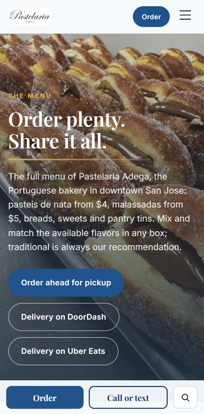 After: the new menu page on a phone: Order plenty. Share it all., the prices from, and Order ahead for pickup, Delivery on DoorDash and Delivery on Uber Eats