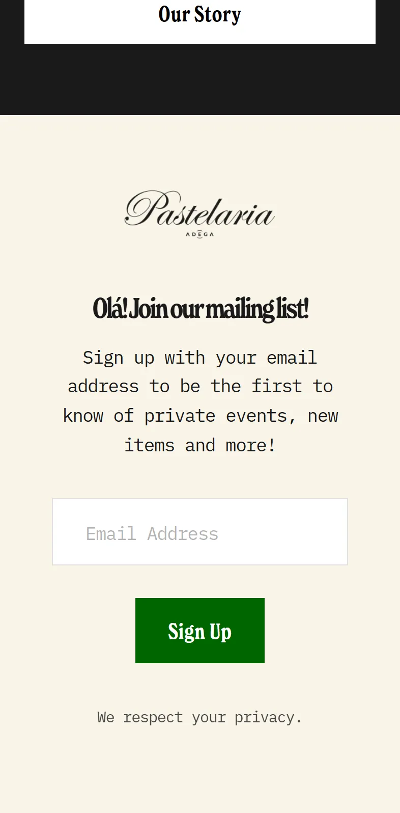 Before: the end of the old home page on a phone: the Pastelaria logo and a mailing-list sign-up, with no phone number, address or Instagram