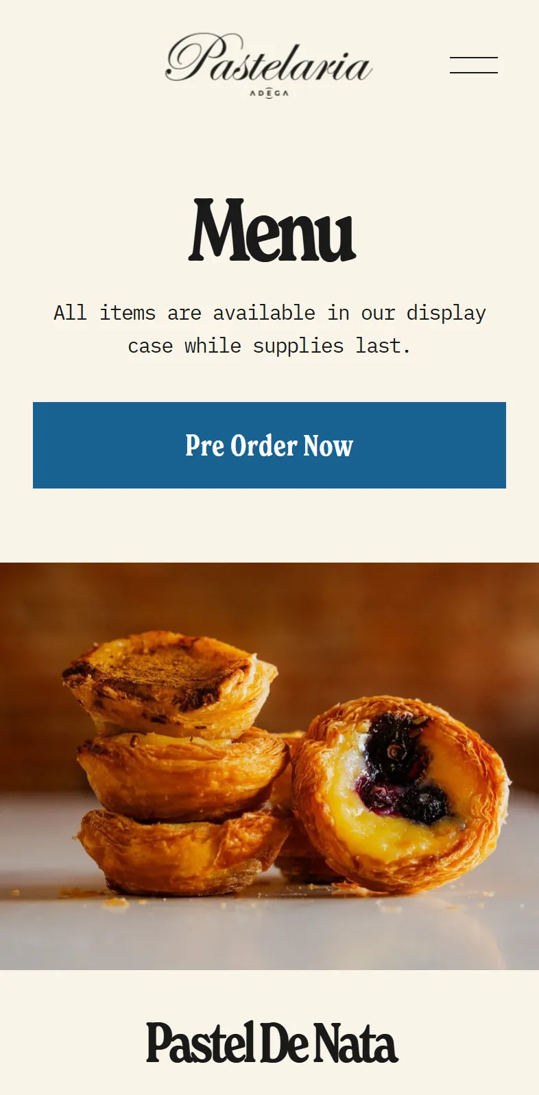 Before: the old menu page on a phone: Menu, a Pre Order Now button and a photo of pasteis de nata, with no prices and no search