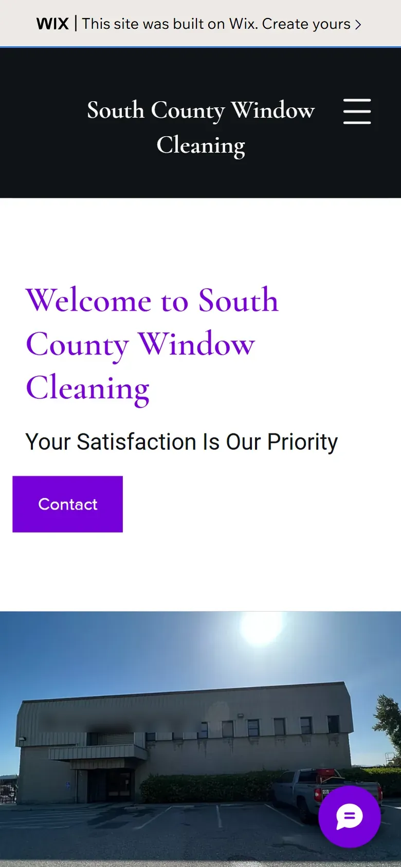 Before: the old Wix page on a phone, a Wix banner across the top, the business name, a purple Welcome to South County Window Cleaning headline, Your Satisfaction Is Our Priority and a Contact button, with no services, hours or service area