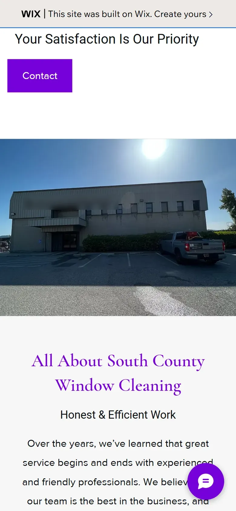 Before: the old Wix page on a phone, Your Satisfaction Is Our Priority, a Contact button and a photo of a commercial building, with no towns or service area