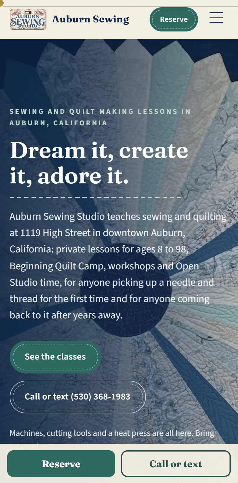 The new Auburn Sewing Studio home page on a phone, first screen