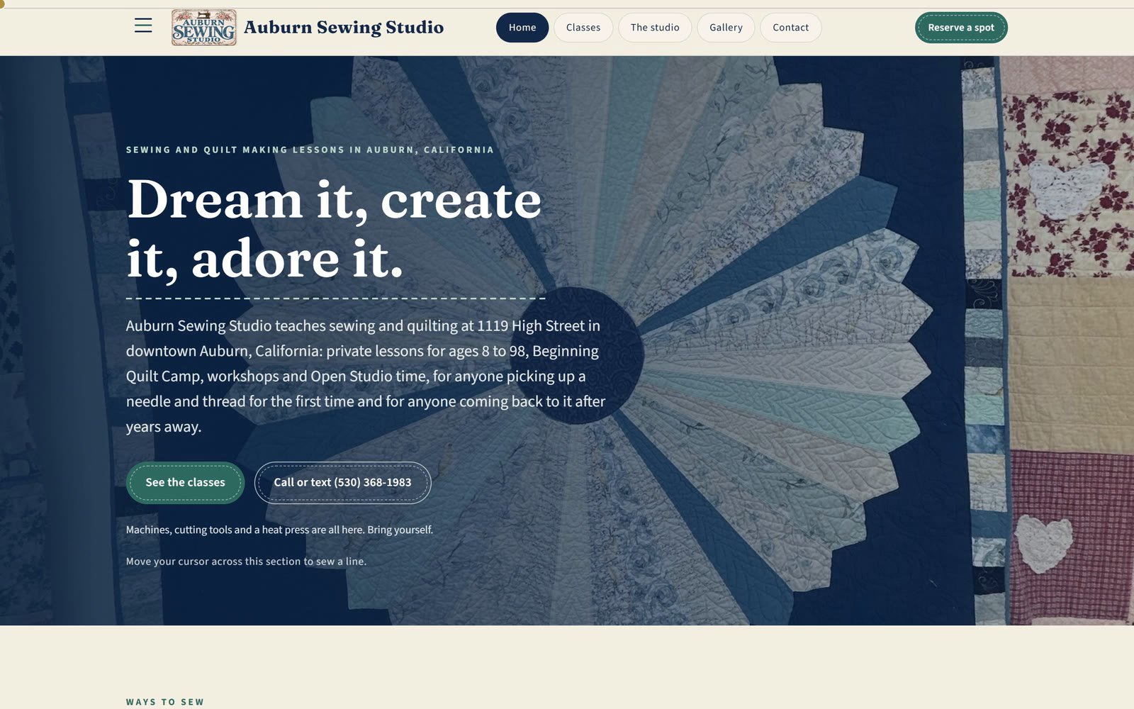The Auburn Sewing Studio home page: the headline Dream it, create it, adore it, over a Dresden plate quilt, where the quilt film starts