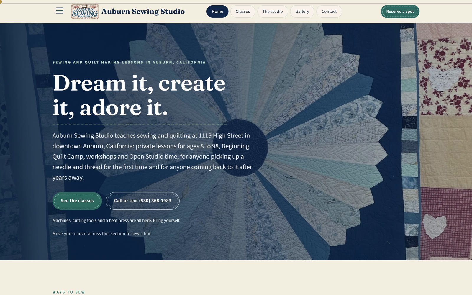 The Auburn Sewing Studio home page: the headline Dream it, create it, adore it, over a Dresden plate quilt, with See the classes and Call or text buttons